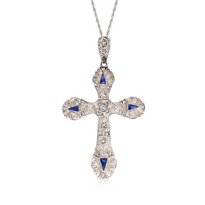 C. 1950 Vintage .23 ct. t.w. Diamond Filigree Cross Pendant Necklace with .12 ct. t.w. Synthetic Sapphires in Platinum and 18kt Yellow Gold