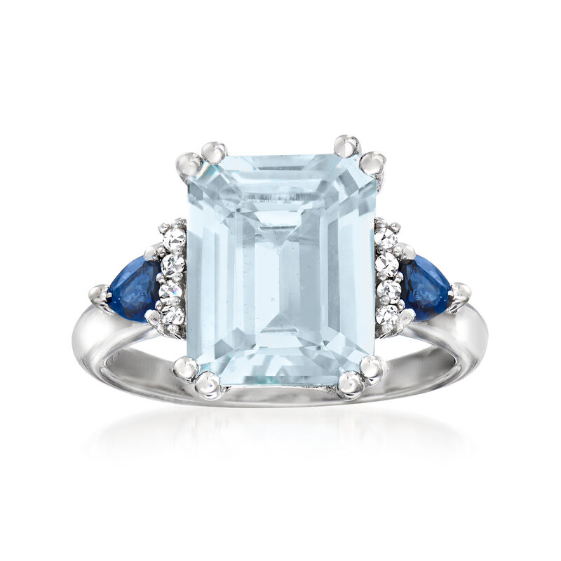 3.00 Carat Aquamarine and .30 ct. t.w. Sapphire Ring with Diamonds in Sterling Silver image number 0
