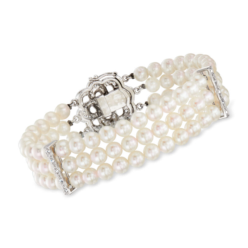 C. 1990 Vintage 5mm Cultured Pearl Three-Row Bracelet with .34 ct. t.w. Diamond Clasp in 14kt White Gold image number 2