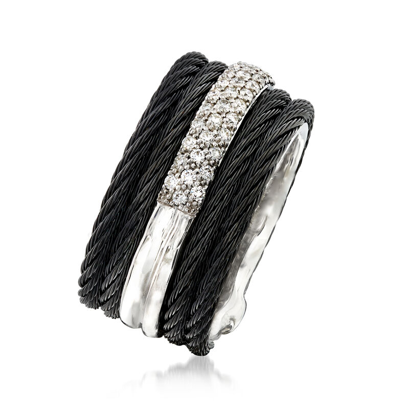 ALOR &quot;Noir&quot; .28 ct. t.w. Diamond Black Stainless Steel Cable Ring with 18kt White Gold. Size 7 image number 2