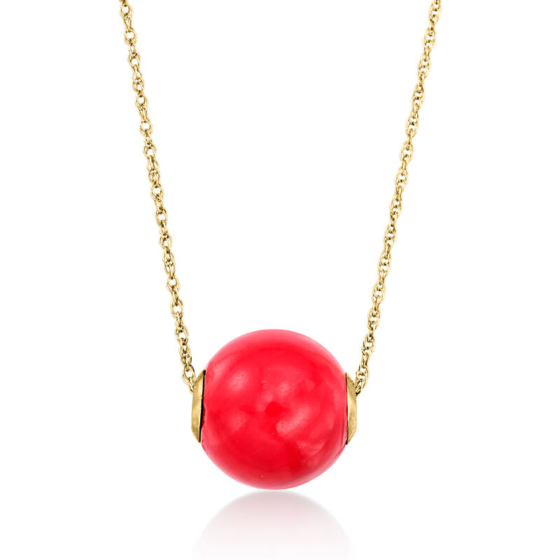 10mm Red Coral Bead Necklace in 14kt Yellow Gold. 18&quot; image number 1