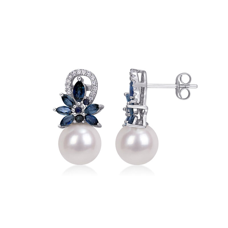 9-9.5mm Cultured Pearl, 1.66 ct. t.w. Sapphire and .13 ct. t.w. Diamond Flower Drop Earrings in 14kt White Gold image number 2