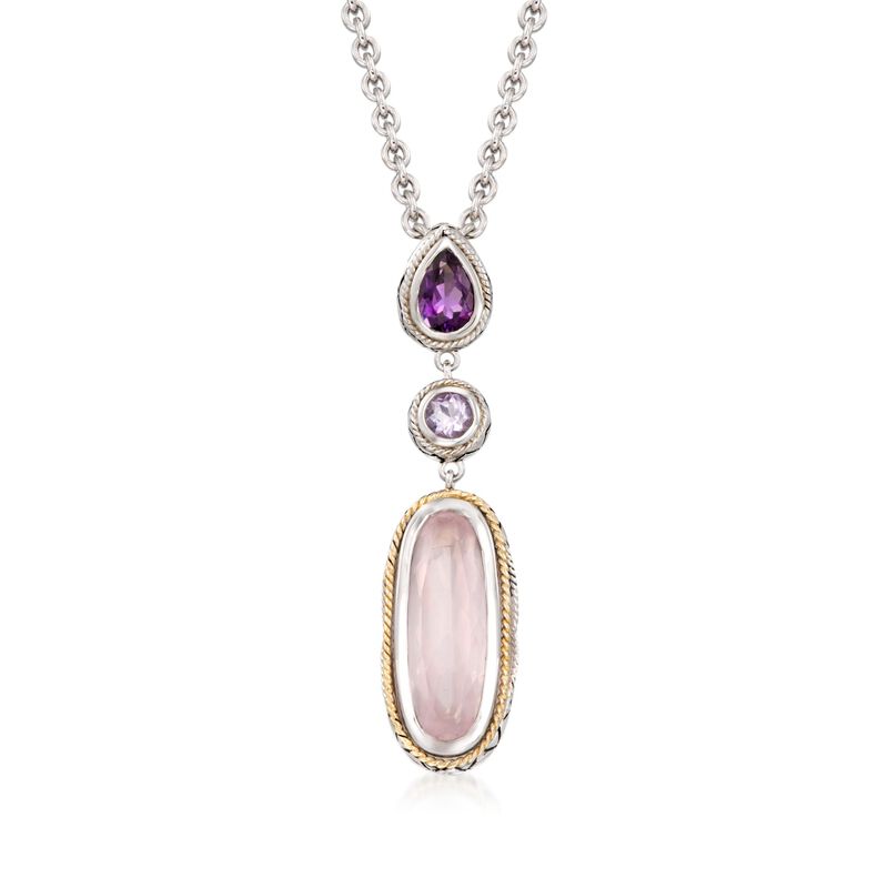 Andrea Candela &quot;Dulce-Baya&quot; 10.00 Carat Pink Quartz and 1.60 ct. t.w. Amethyst Necklace in Sterling Silver and 18kt Yellow Gold. 17&quot; image number 1