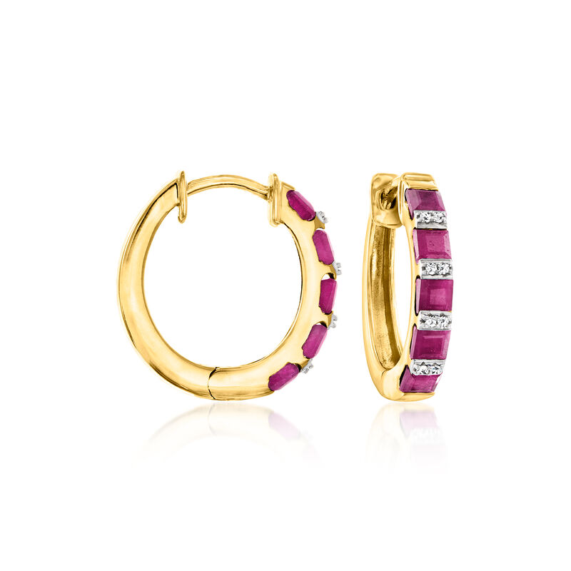 2.60 ct. t.w. Ruby Hoop Earrings with Diamonds in 18kt Gold Over Sterling. 3/4&quot; image number 0