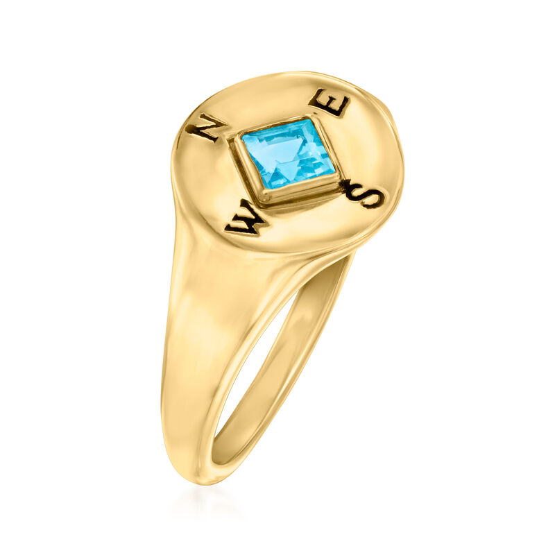 .30 Carat Swiss Blue Topaz and Black Enamel Compass Signet Ring in 18kt Gold Over Sterling image number 2
