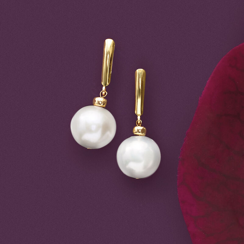 11.5-12.5mm Cultured Pearl Drop Earrings in 14kt Yellow Gold image number 3