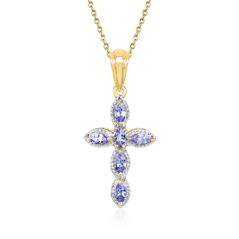 .70 ct. t.w. Tanzanite Cross Pendant Necklace in Sterling Silver and 18kt Gold Over Sterling. 18"