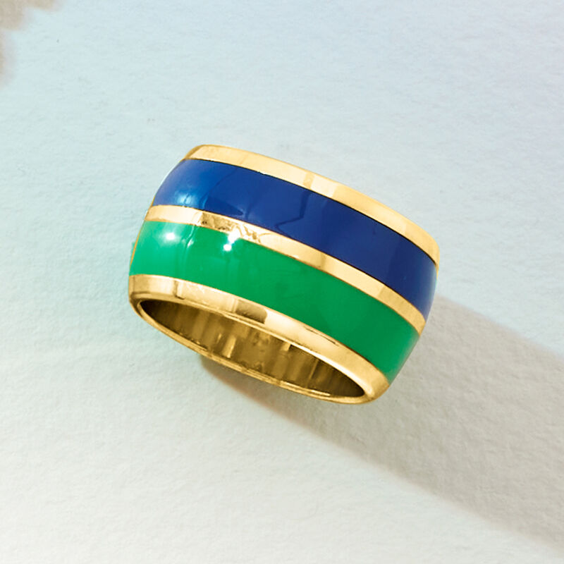 Italian Blue and Green Enamel Striped Ring in 18kt Gold Over Sterling image number 3
