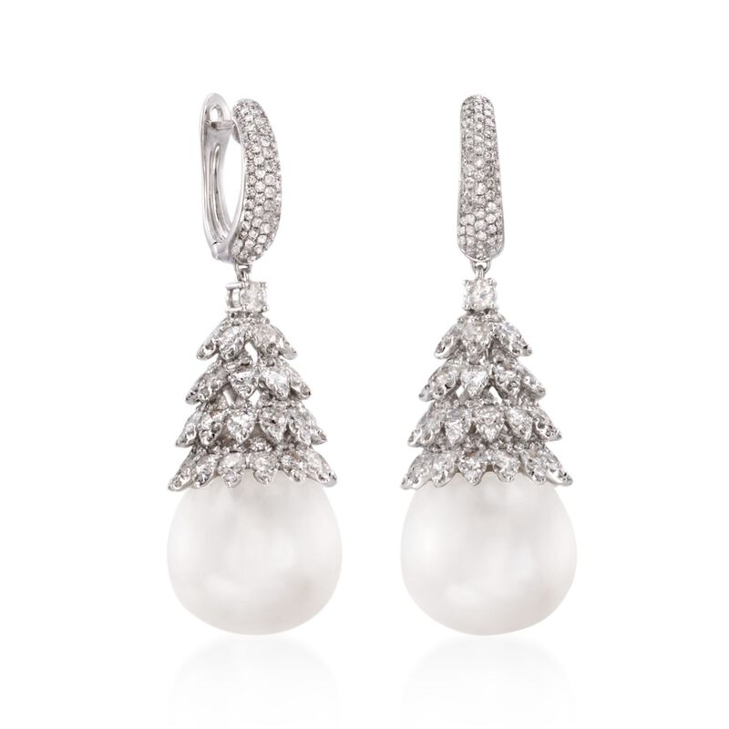 16mm Cultured South Sea Pearl and 5.75 ct. t.w. Diamond Drop Earrings in 18kt White Gold image number 2