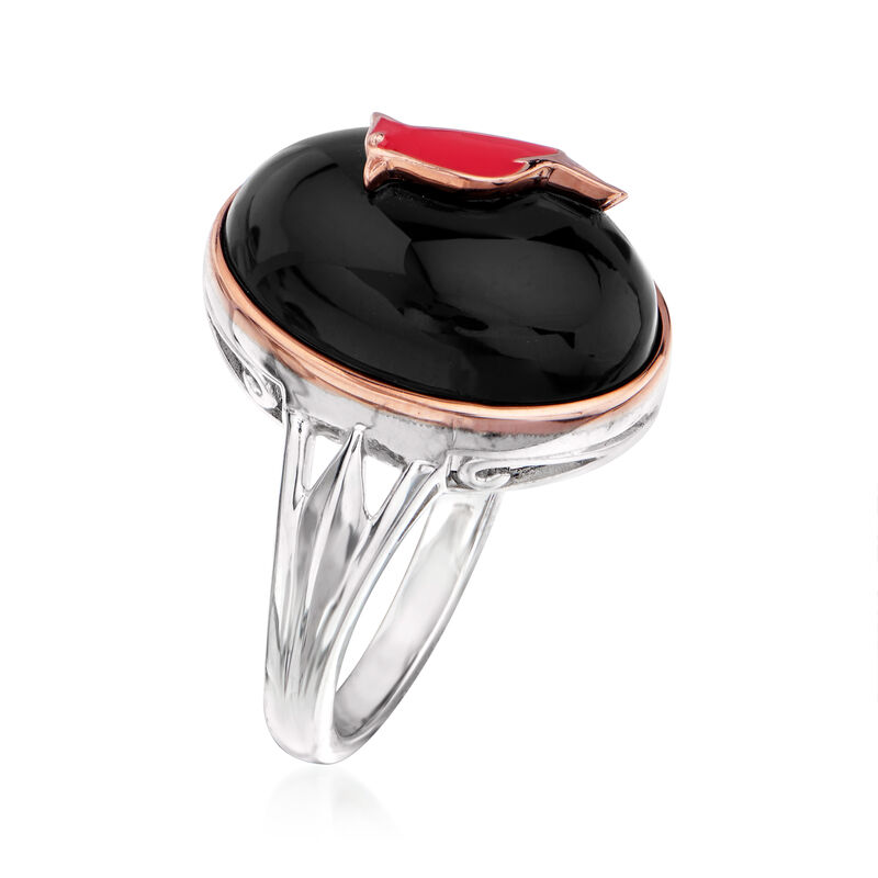 Black Agate and Red Enamel Cardinal Ring in Two-Tone Sterling Silver image number 2