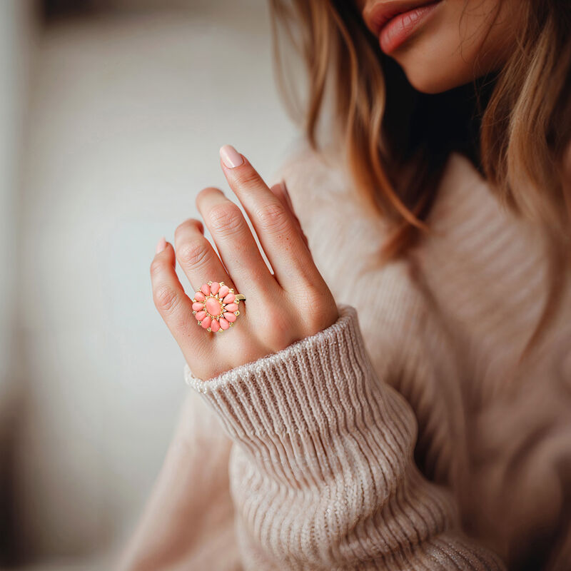 Pink Coral and .20 ct. t.w. White Zircon Floral Ring in 18kt Gold Over Sterling image number 1