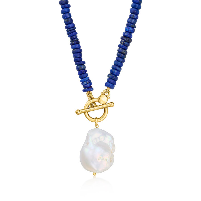 13-15mm Cultured Baroque Pearl and 4.5-5mm Lapis Bead Toggle Necklace in 18kt Gold Over Sterling image number 0