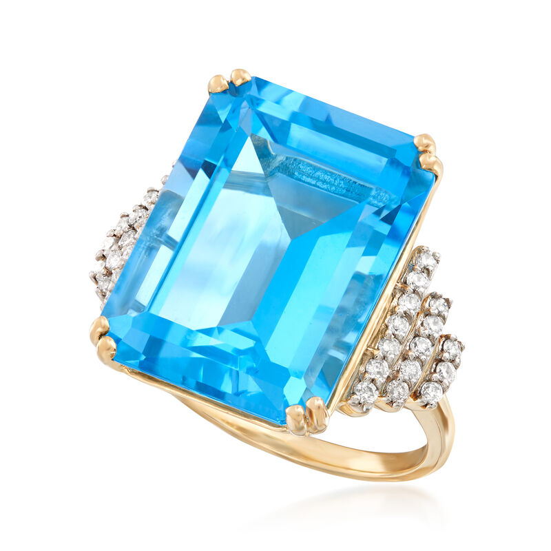 18.50 Carat Swiss Blue Topaz and .25 ct. t.w. Diamond Ring in 14kt Yellow Gold image number 3