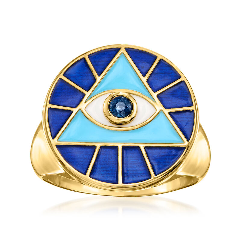 .10 Carat Sapphire Evil Eye Ring with Blue and White Enamel in 18kt Gold Over Sterling image number 0