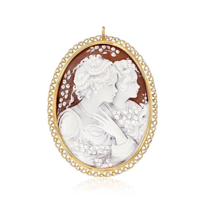 C. 1970 Vintage Pink Shell Cameo Pin/Pendant in Platinum and 18kt Yellow Gold image number 0