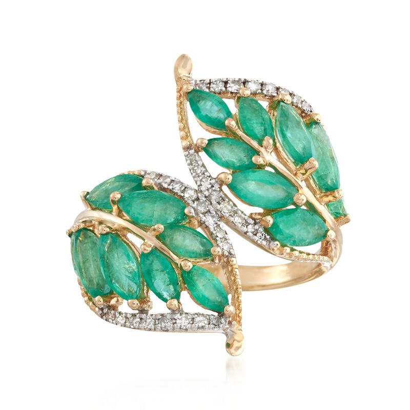 2.70 ct. t.w. Emerald and .16 ct. t.w. Diamond Leaf Bypass Ring in 14kt Yellow Gold image number 0