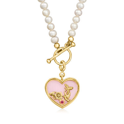 Pink Opal Heart Charm with Single Rhodolite Garnet in 18kt Gold Over Sterling