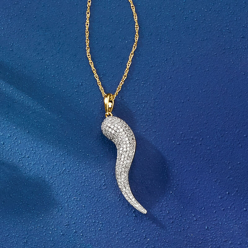 .25 ct. t.w. Pave Diamond Italian Horn Pendant Necklace in 18kt Gold Over Sterling. 20" image number 3
