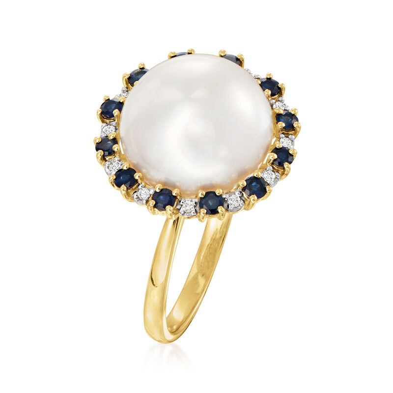 12.5-13mm Cultured Button Pearl and .60 ct. t.w. Sapphire Ring with Diamonds in 14kt Yellow Gold image number 2