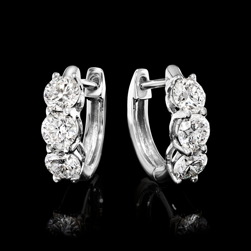 1.00 ct. t.w. Lab-Grown Diamond Three-Stone Huggie Hoop Earrings in 14kt White Gold. 3/8" image number 2