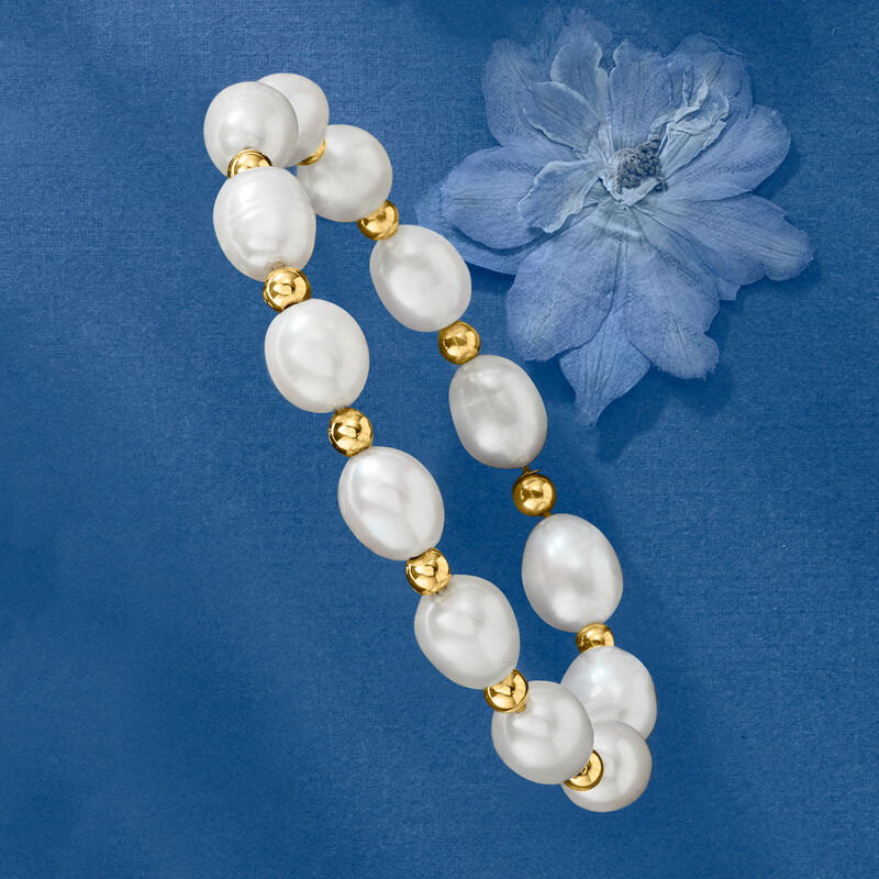 8-9mm Cultured Pearl and 14kt Yellow Gold Bead Stretch Bracelet image number 3