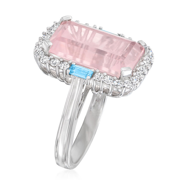 6.75 Carat Rose Quartz, .70 ct. t.w. White Zircon and .10 ct. t.w. Blue Topaz Ring in Sterling Silver image number 2