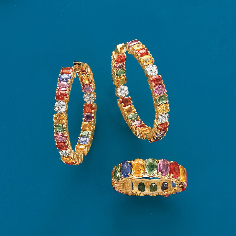 11.00 ct. t.w. Multicolored Sapphire and .44 ct. t.w. Diamond Inside-Outside Hoop Earrings in 18kt Yellow Gold. 1 1/4&quot; image number 4