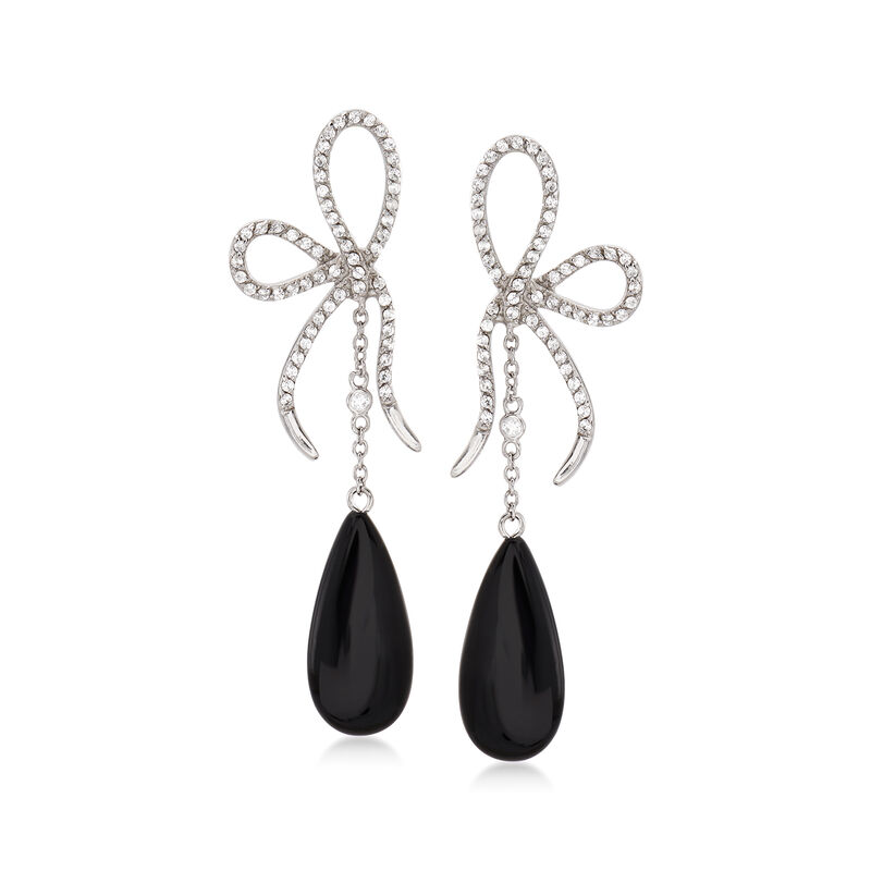 Black Onyx and 1.20 ct. t.w. CZ Bow Drop Earrings in Sterling Silver image number 0