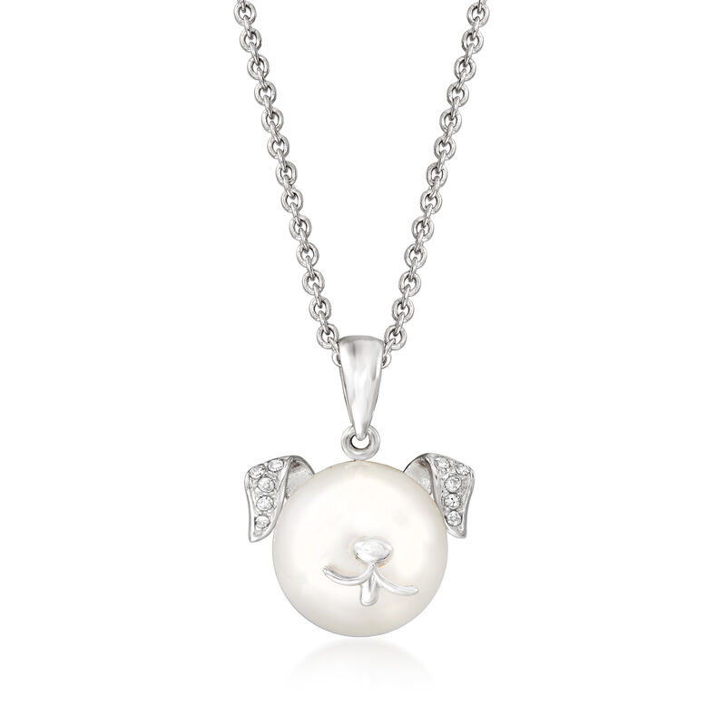 9.5-10mm Cultured Pearl Dog Pendant Necklace with Diamond Accents in Sterling Silver image number 0