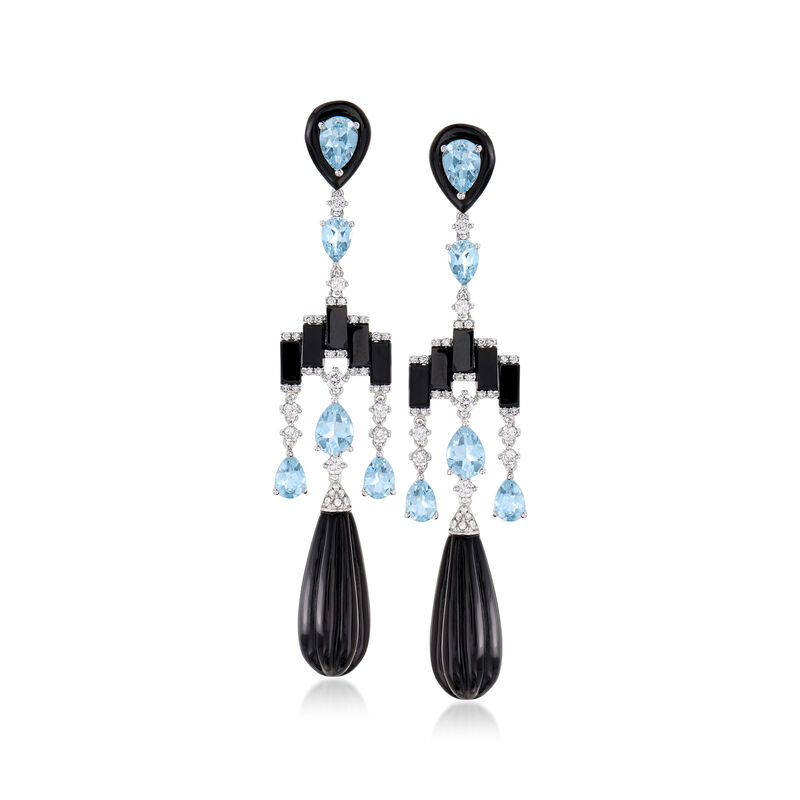 Black Onyx, 4.20 ct. t.w. Aquamarine and .88 ct. t.w. Diamond Chandelier Earrings in 14kt White Gold image number 0
