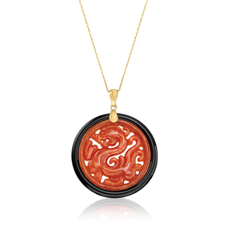 Red Jade and Black Agate Dragon Circle Pendant with 14kt Yellow Gold image number 2