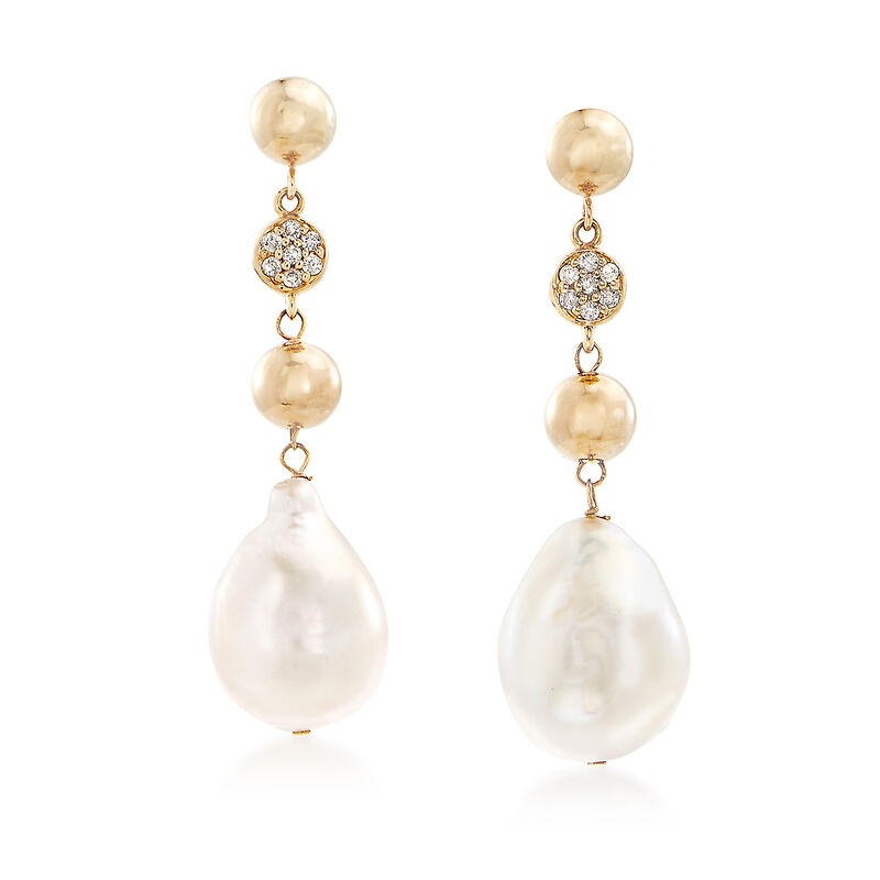 12-14mm Cultured Baroque Pearl and .14 ct. t.w. Diamond Drop Earrings in 14kt Yellow Gold image number 0