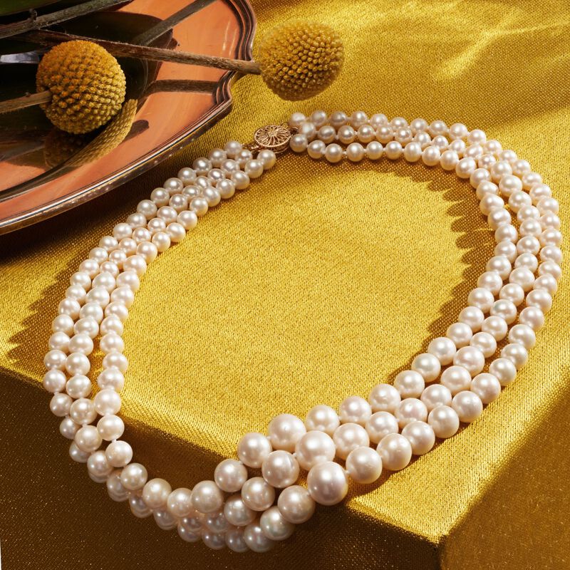 6-11.5mm Cultured Pearl Graduated Three-Strand Necklace with 14kt Yellow Gold image number 2