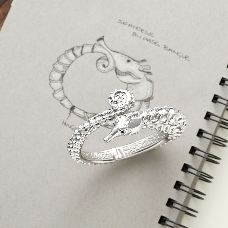 Italian Sterling Silver Seahorse Bypass Bangle Bracelet with Sapphires image number 4