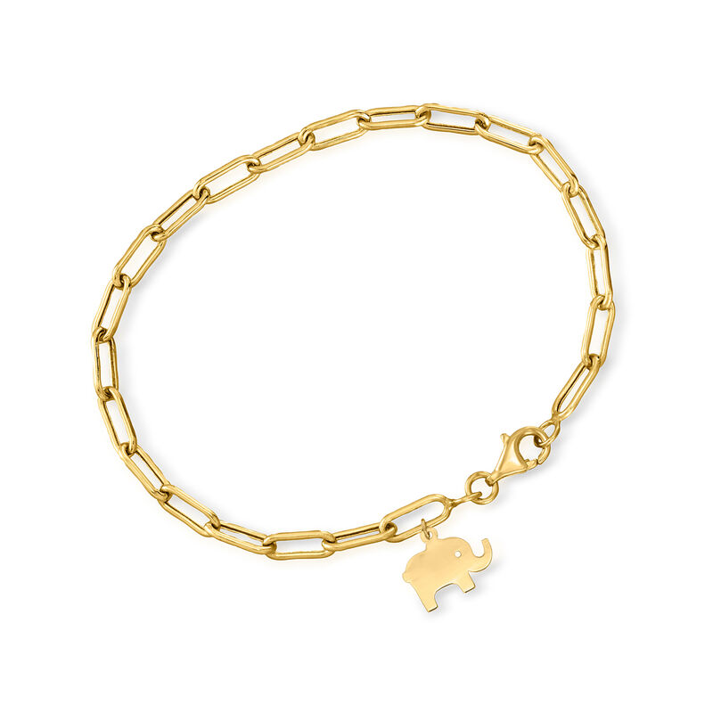 10kt Yellow Gold Elephant Charm Paper Clip Link Bracelet image number 0