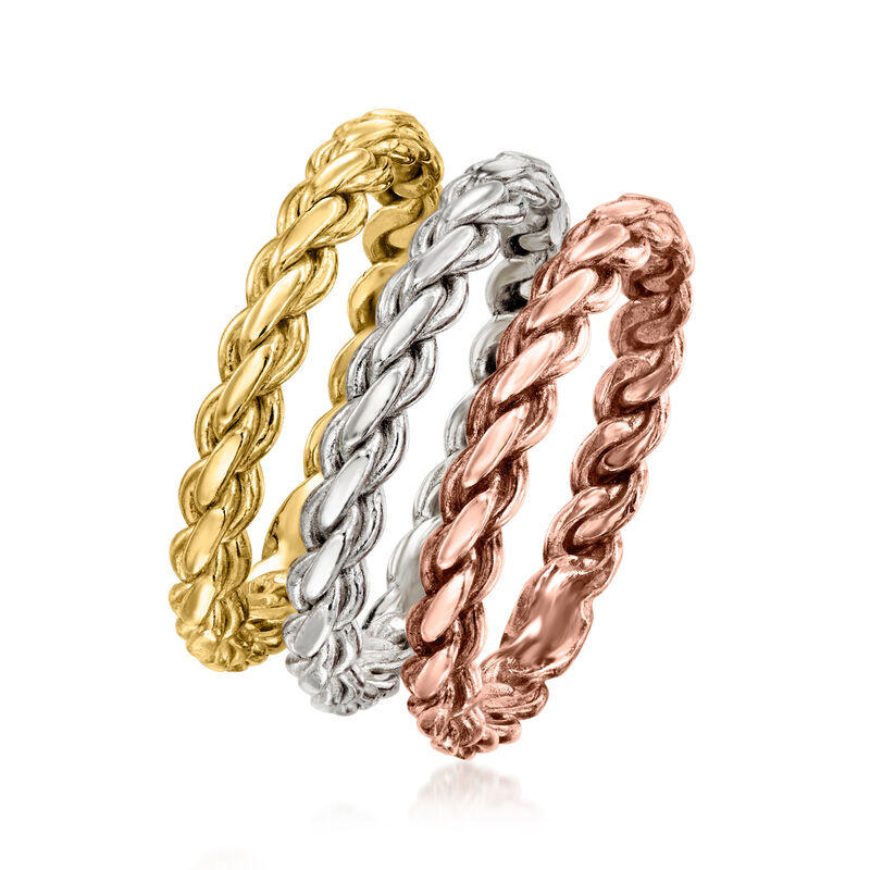 Tri-Colored Sterling Silver Jewelry Set: Three Roped Rings. Size 9 image number 2