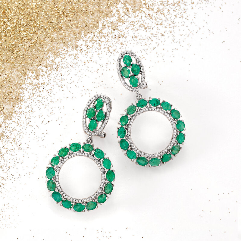 5.50 ct. t.w. Emerald and .43 ct. t.w. Diamond Circle Drop Earrings in 14kt White Gold image number 3