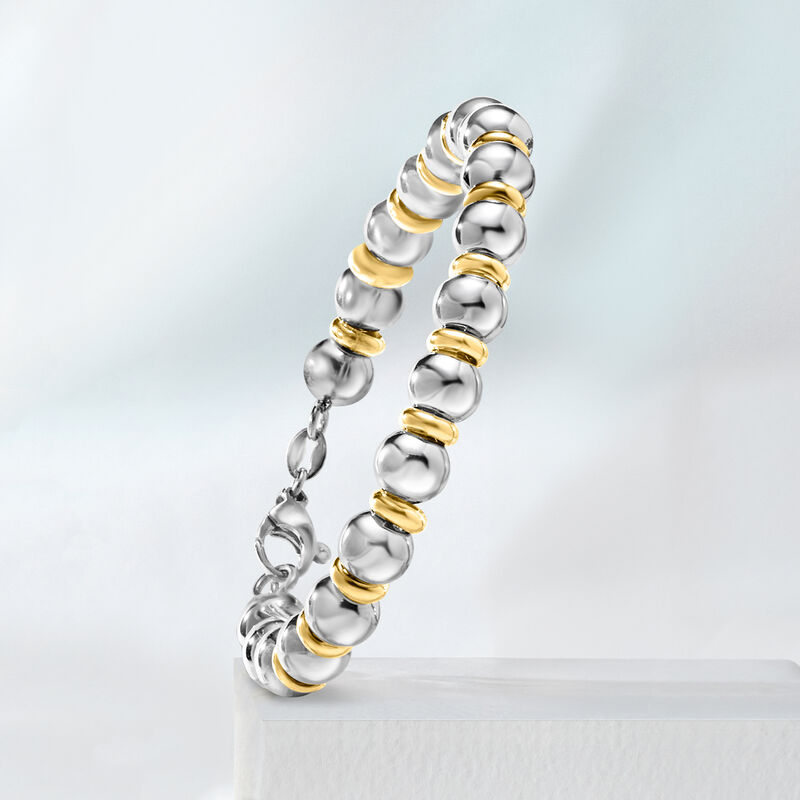 Italian Sterling Silver and 22kt Gold Over Sterling Bead Bracelet image number 4