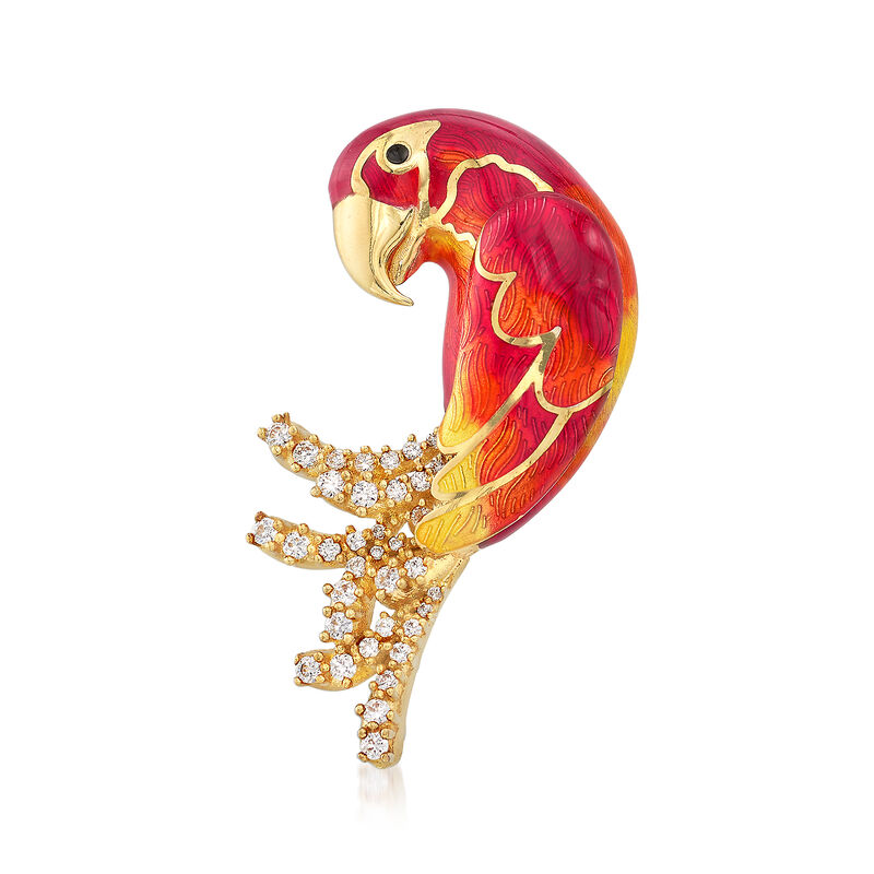 Italian .85 ct. t.w. CZ Parrot Pin with Enamel in 18kt Gold Over Sterling image number 0