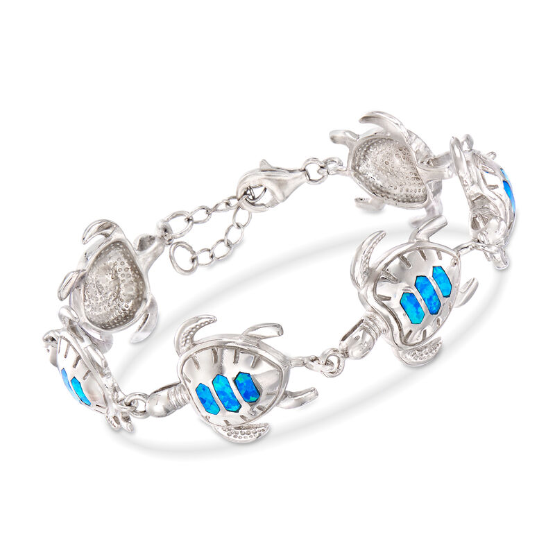 Blue Synthetic Opal Turtle Bracelet in Sterling Silver. 7&quot; image number 0