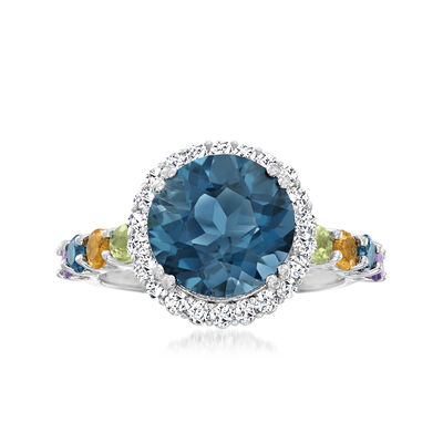4.20 Carat London Blue Topaz and 1.00 ct. t.w. Multi-Gemstone Ring in Sterling Silver