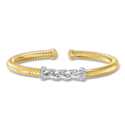 Charles Garnier "New Mesh 2" Sterling Silver and 18kt Gold Over Sterling Braided Station Cuff Bracelet with .10 ct. t.w. CZs
