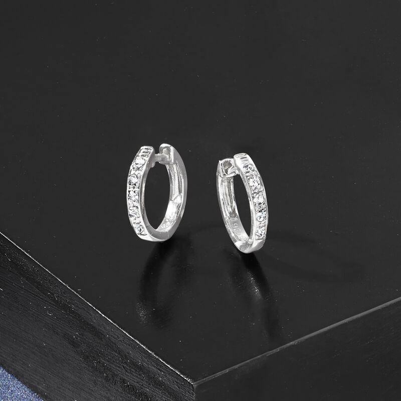 Diamond-Accented Huggie Hoop Earrings in Sterling Silver. 3/8&quot; image number 2