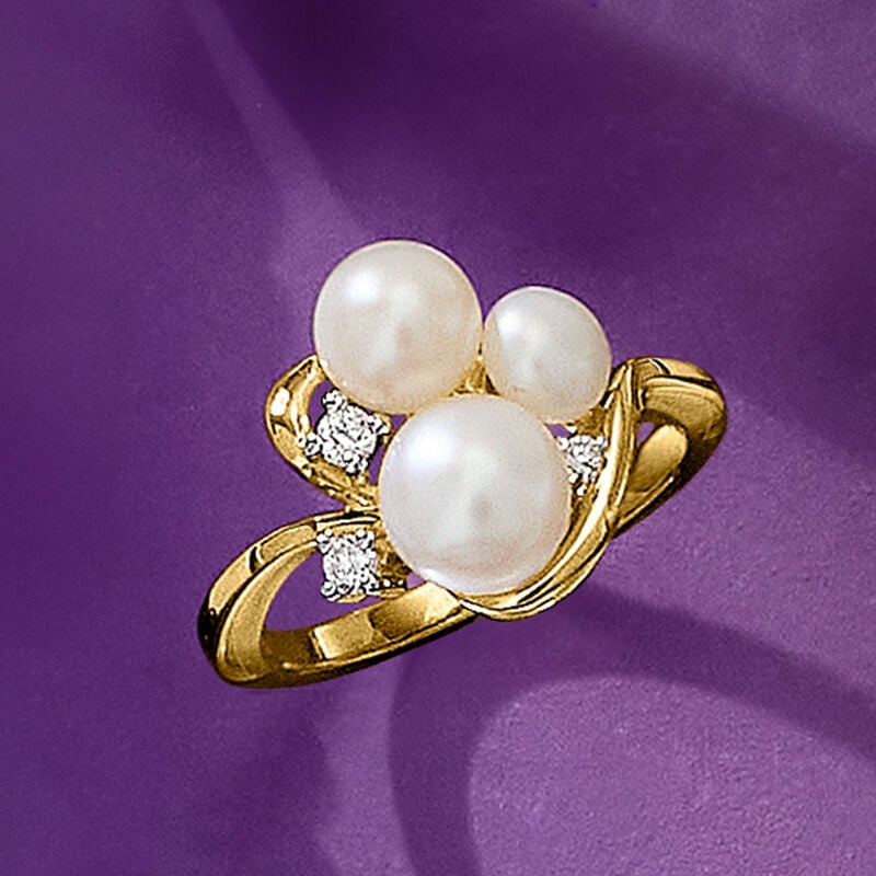 5-7mm Cultured Pearl Ring with Lab-Grown Diamonds in 18kt Gold Over Sterling image number 3