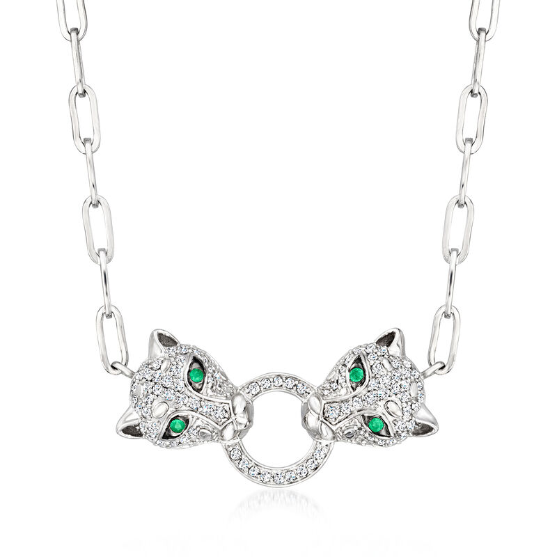 .25 ct. t.w. Diamond Leopard Paper Clip Link Necklace with Emeralds in Sterling Silver image number 0