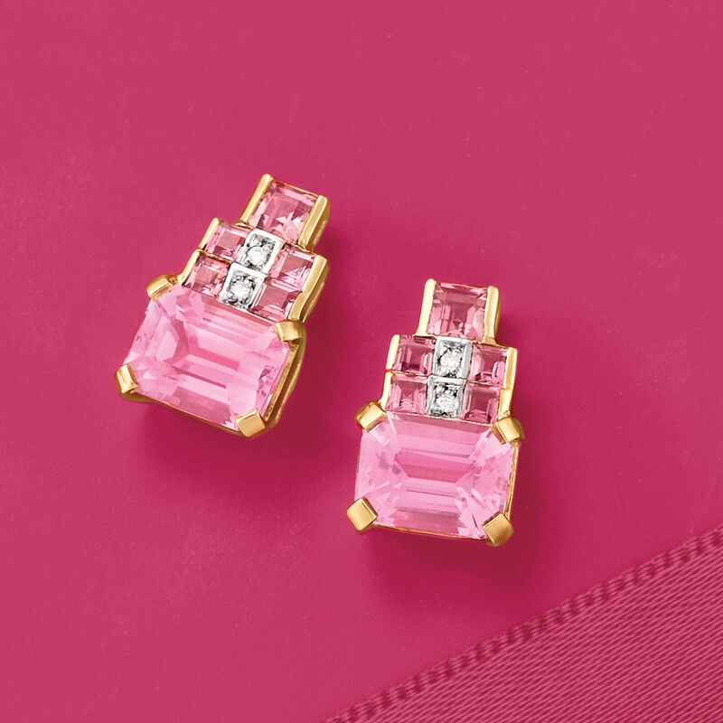 4.00 ct. t.w. Kunzite and .90 ct. t.w. Tourmaline Earrings in 14kt Yellow Gold image number 2