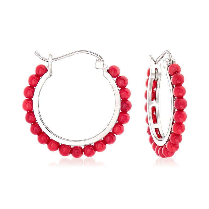 3mm Coral Beaded Hoop Earrings in Sterling Silver. 1 1/8&quot; image number 0