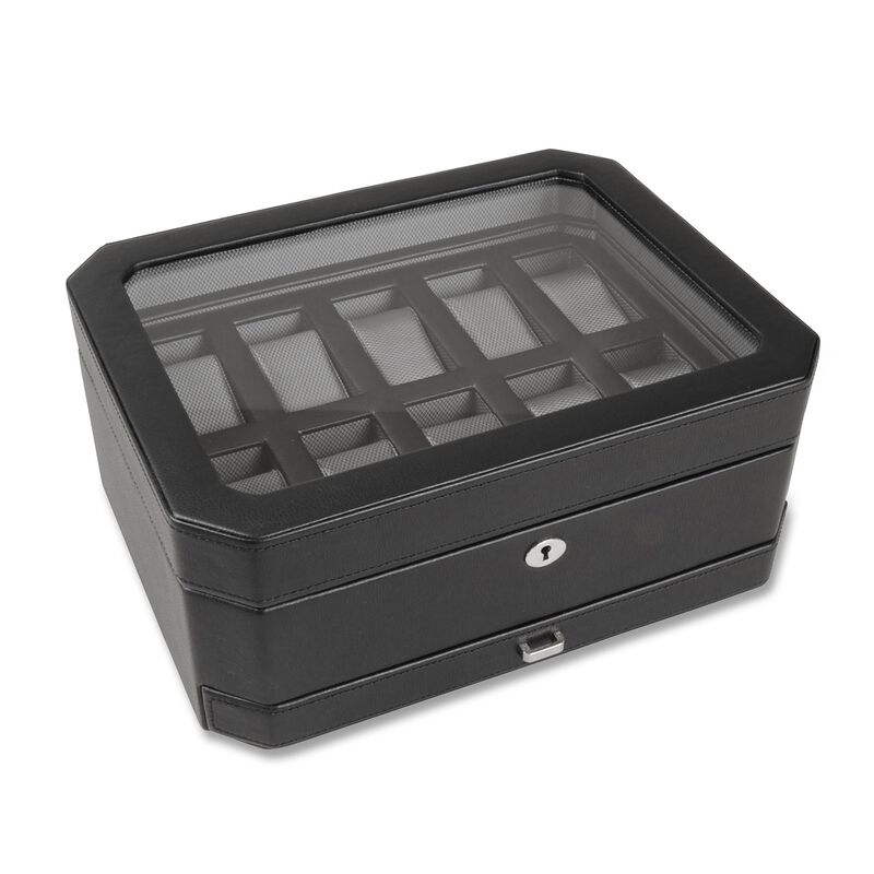 Wolf &quot;Windsor&quot; Black Faux Leather 10-Part Watch Box with Drawer image number 1