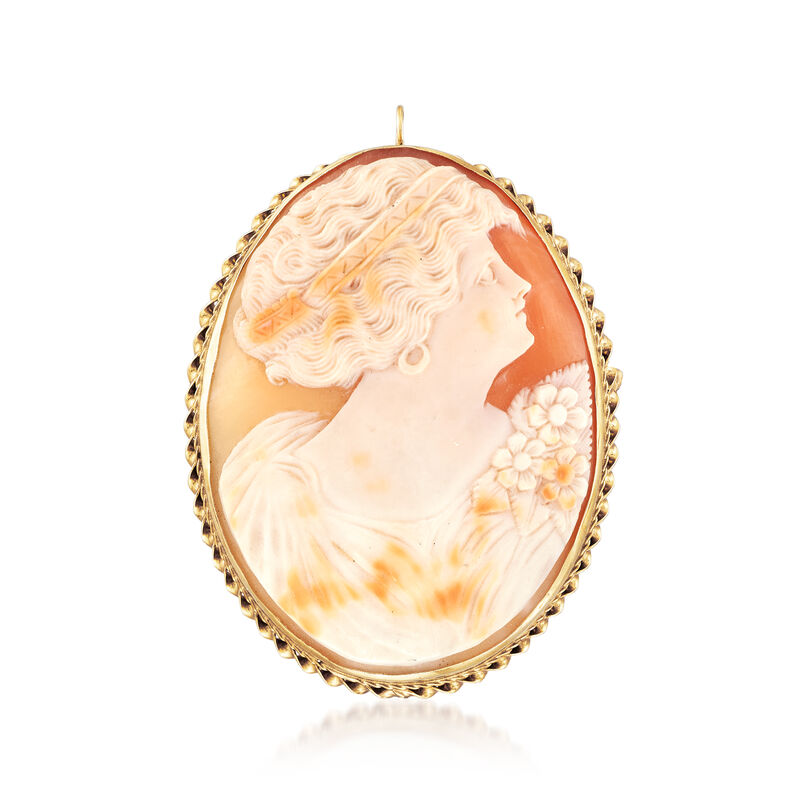 C. 1970 Vintage Pink Shell Cameo Pin Pendant in 14kt Yellow Gold image number 0