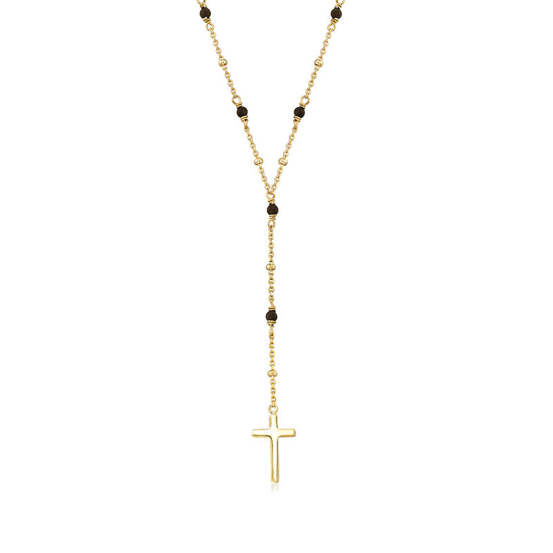 2.3mm Black Onyx Rosary Beads with Cross Necklace in 18kt Gold Over Sterling. 16&quot; image number 1